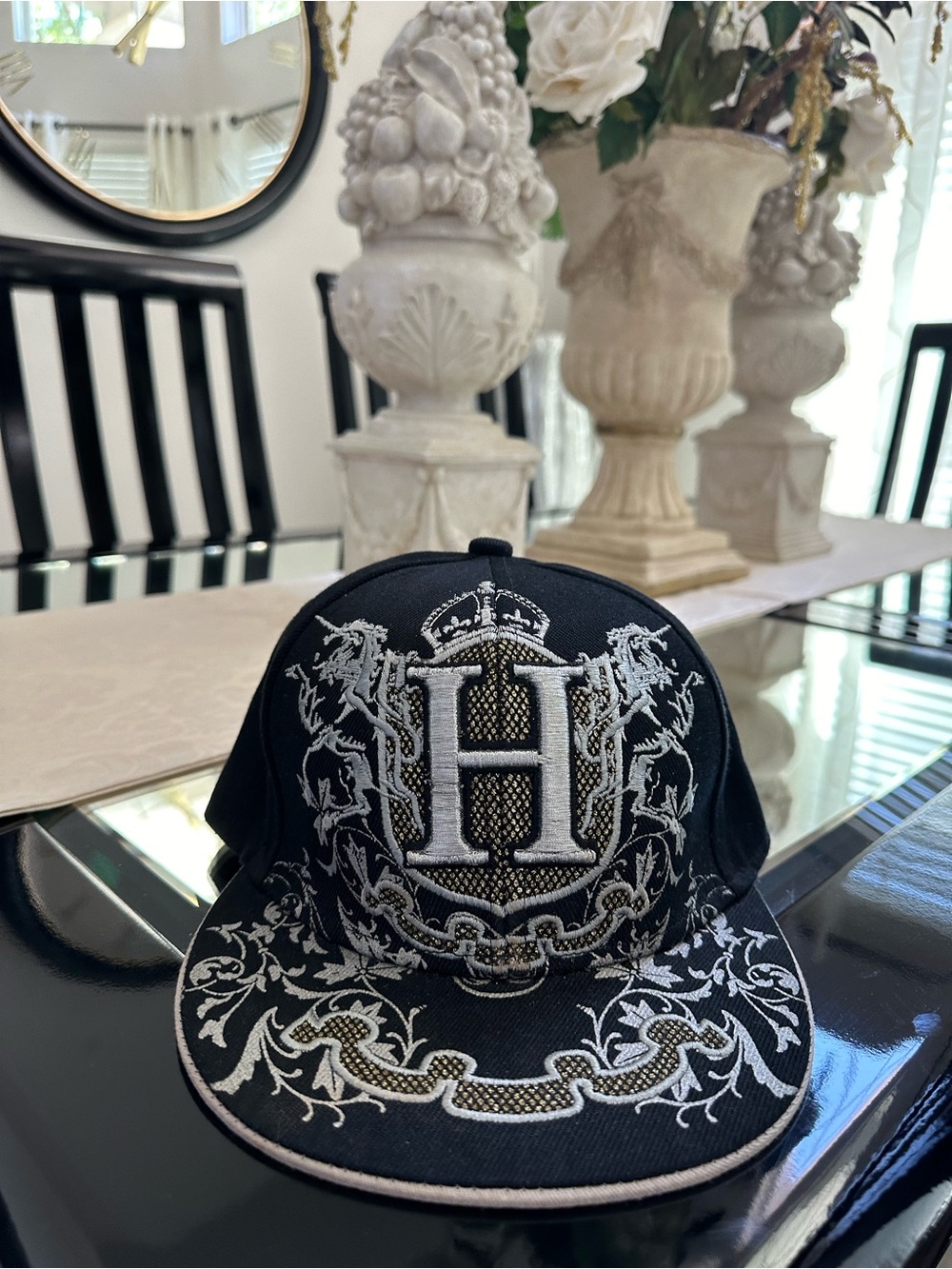 Black Embroidered Crest fitted H Monogram- worn on tour with Bizzy in Houston